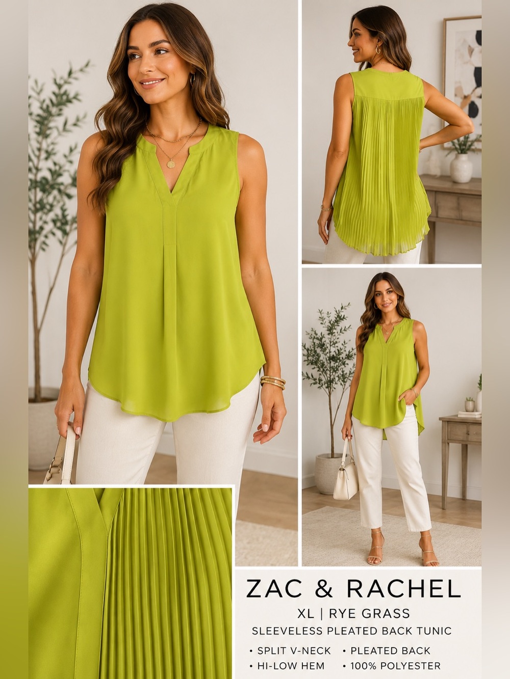 Zac & Rachel Lime Green Sleeveless Pleated-Back Tunic